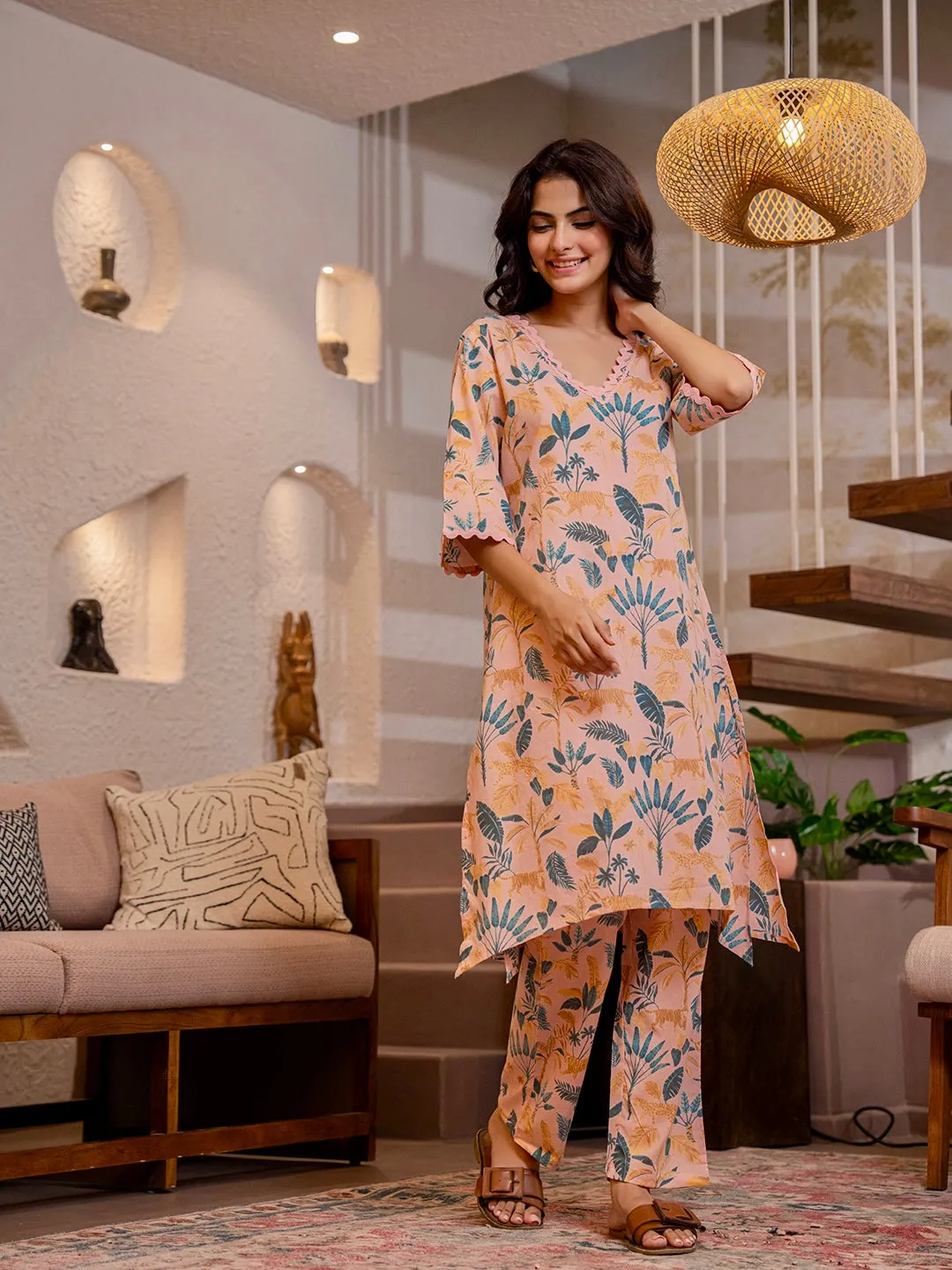 Tropical Coral Haze Lace Long Co-Ord Set