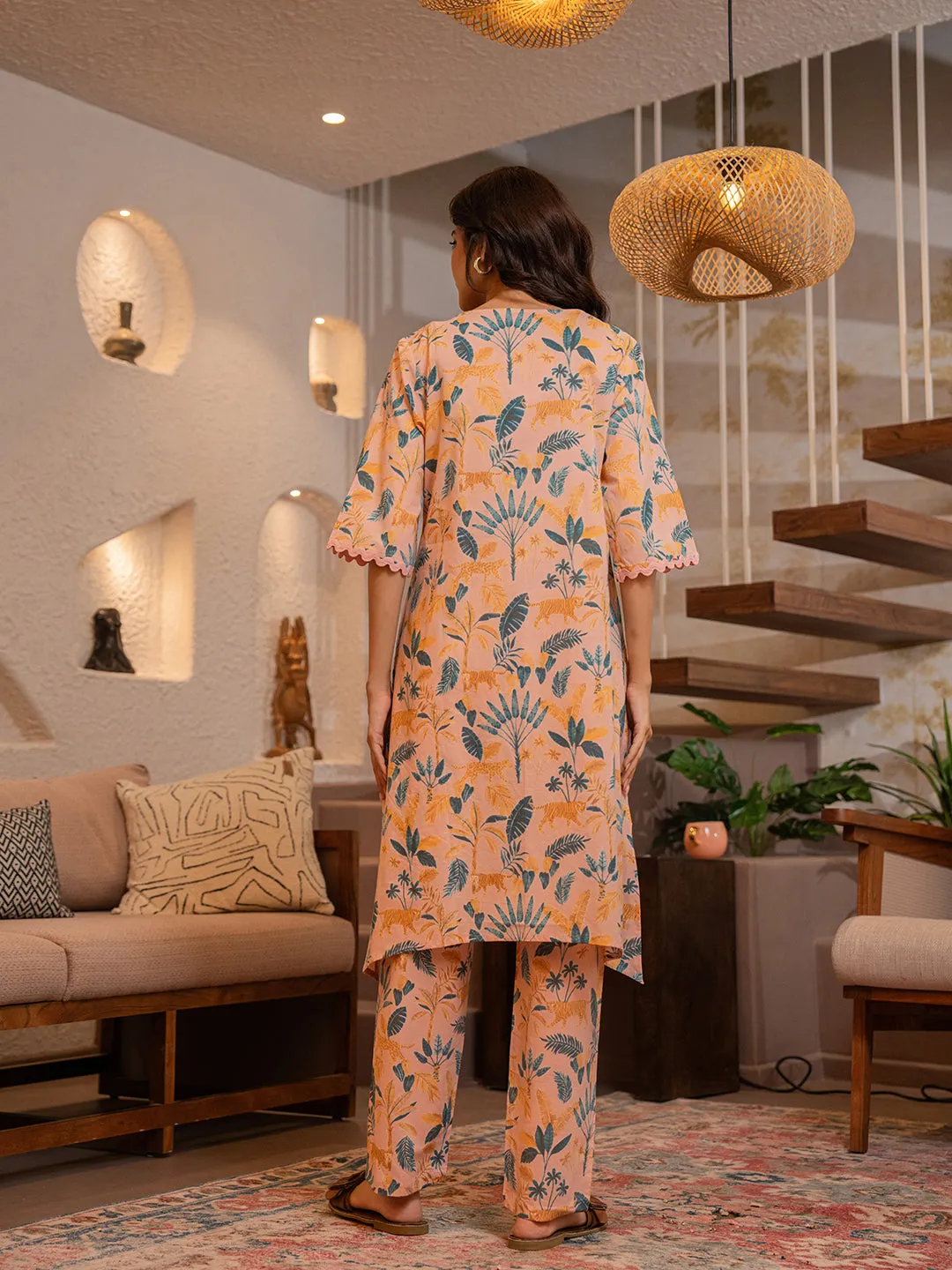 Tropical Coral Haze Lace Long Co-Ord Set