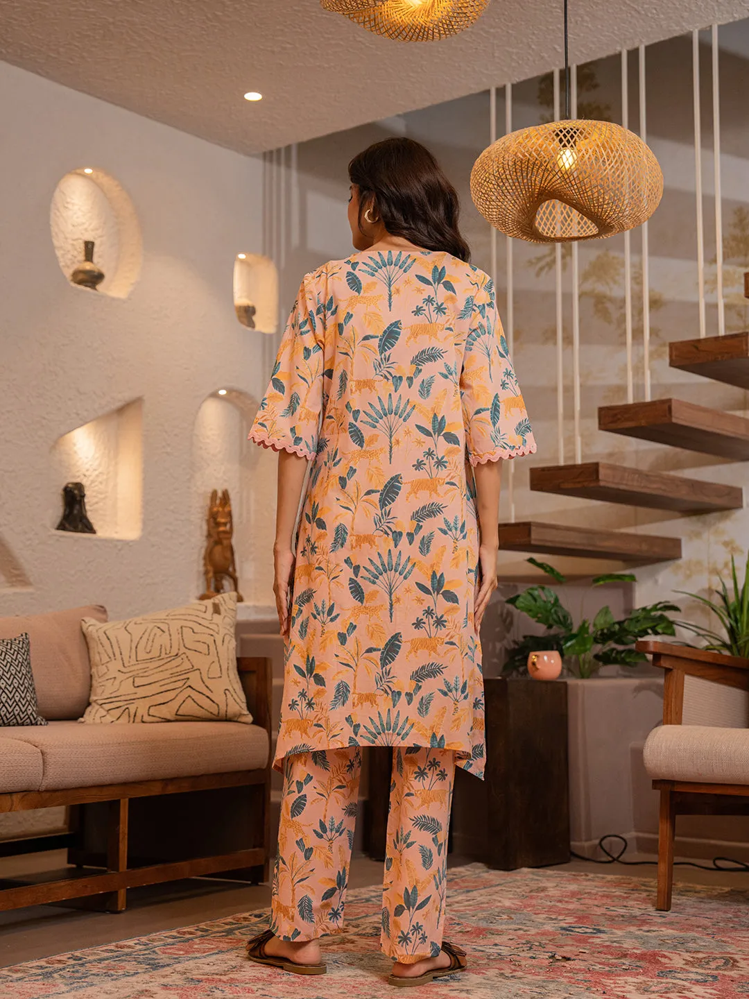Tropical Coral Haze Lace Long Co-Ord Set