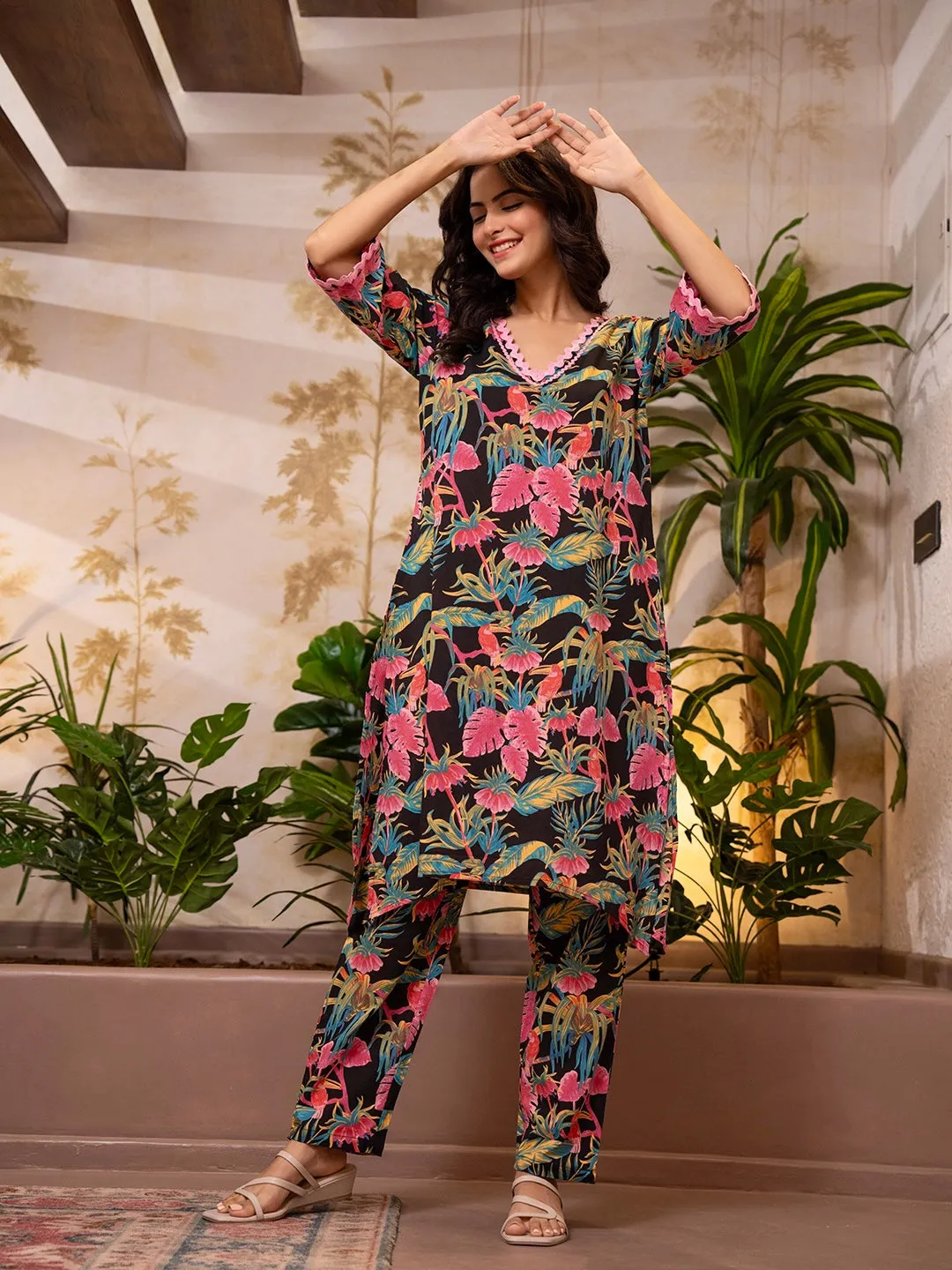 Tropical Dark Black Lace Long Co-Ord Set