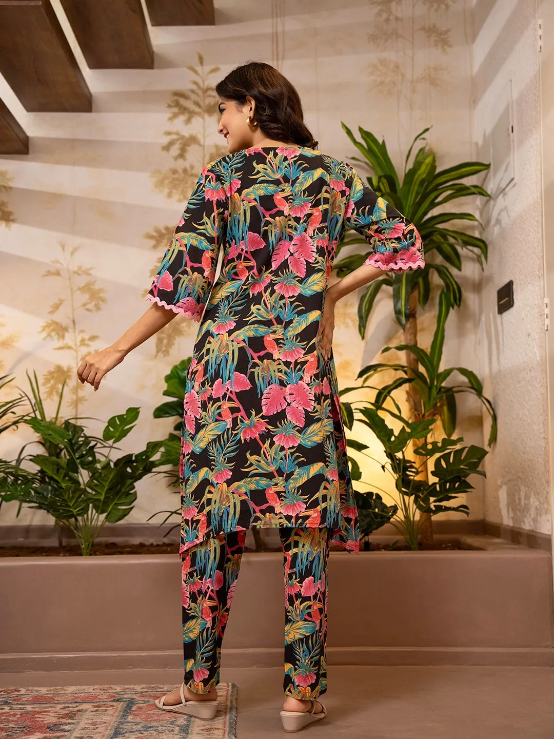 Tropical Dark Black Lace Long Co-Ord Set