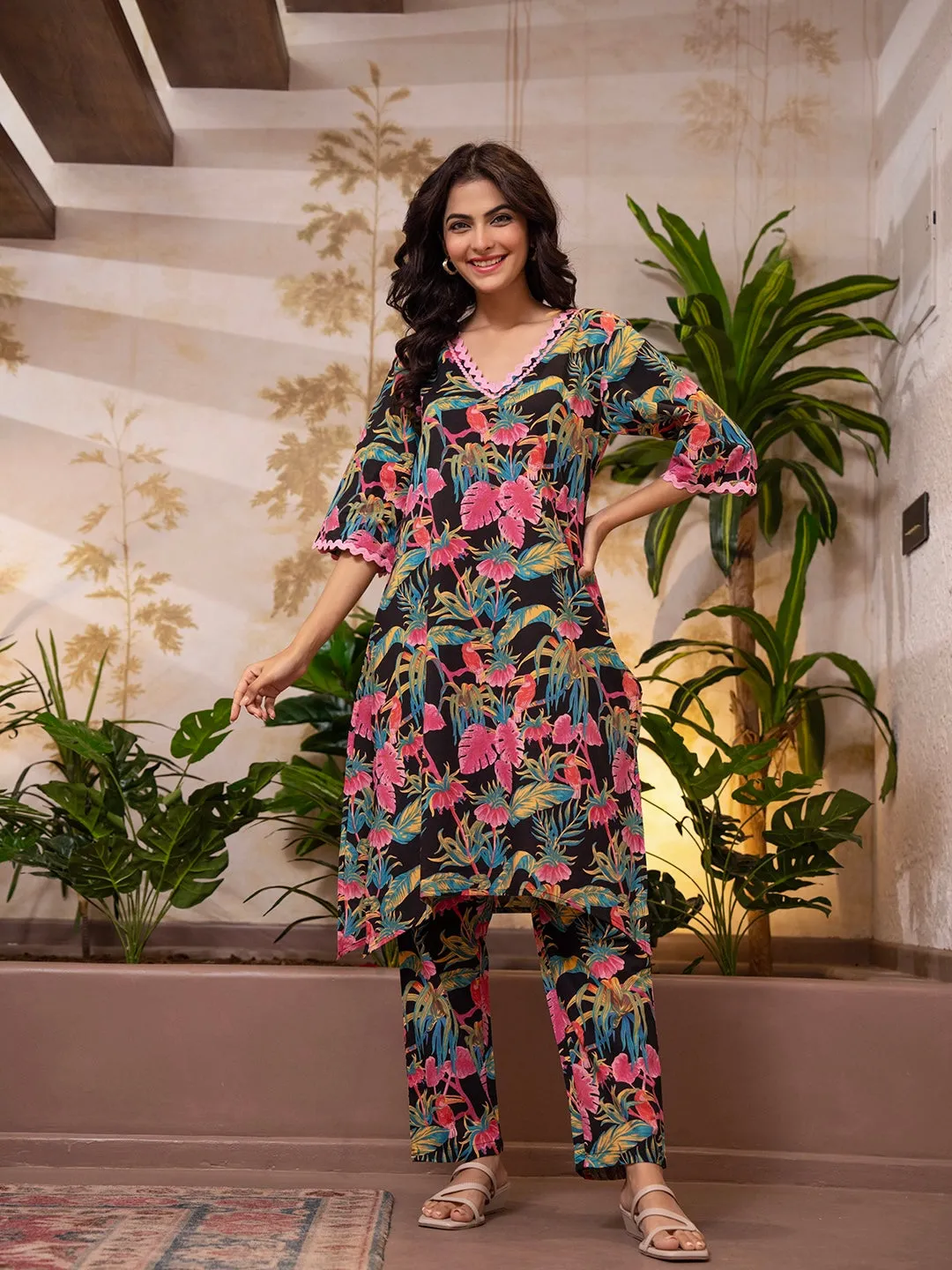 Tropical Dark Black Lace Long Co-Ord Set