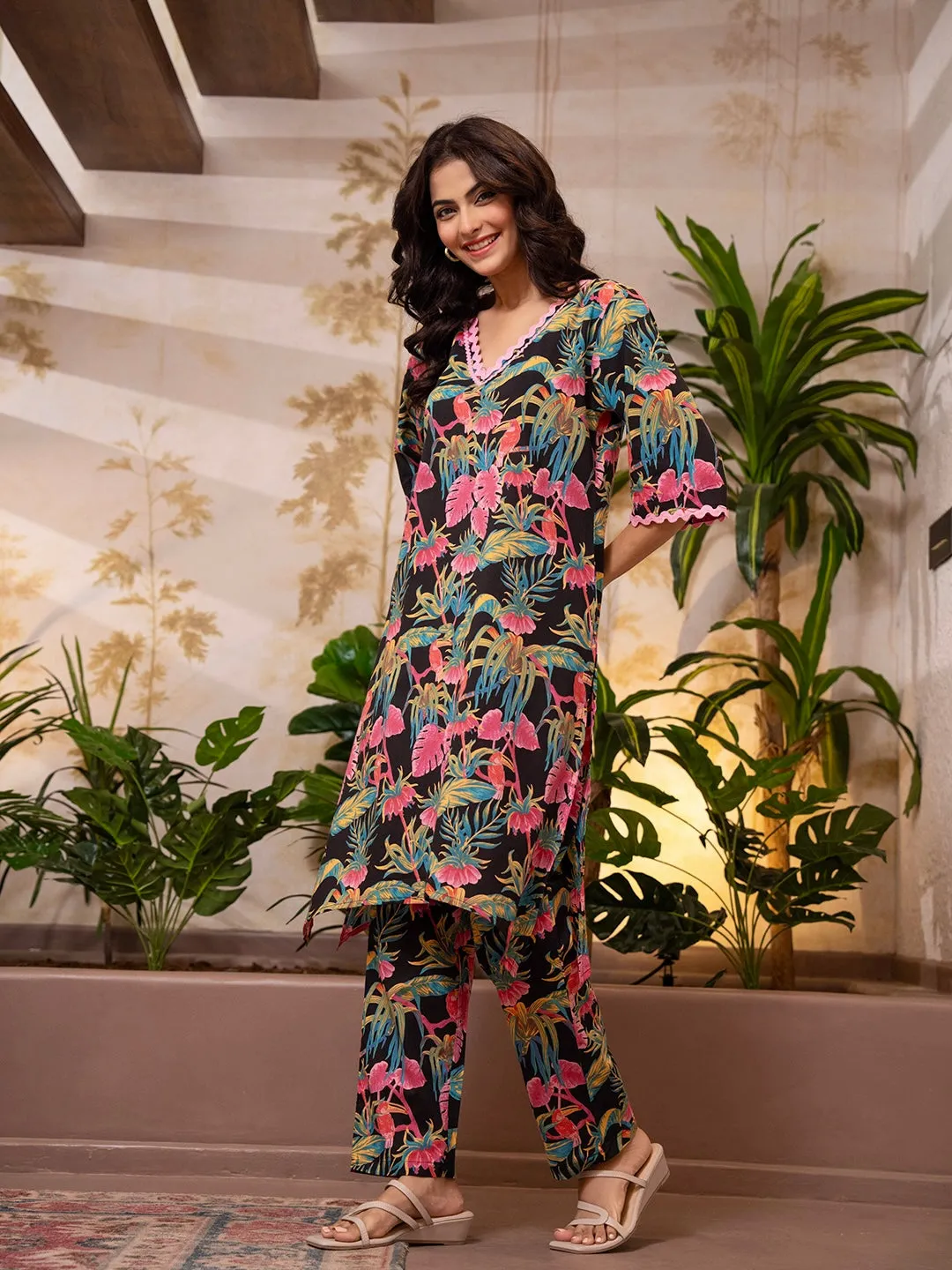 Tropical Dark Black Lace Long Co-Ord Set