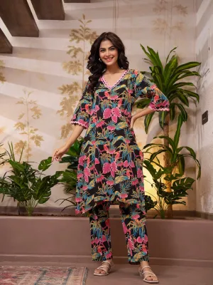 Tropical Dark Black Lace Long Co-Ord Set