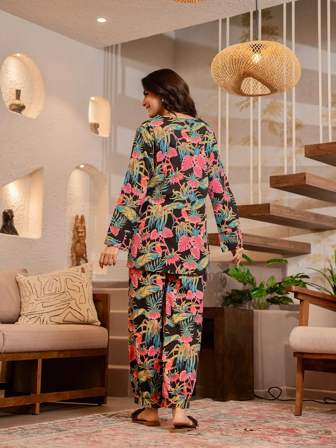 Tropical Raven's Wing Floral V-Neck Patiala Co-Ord Set