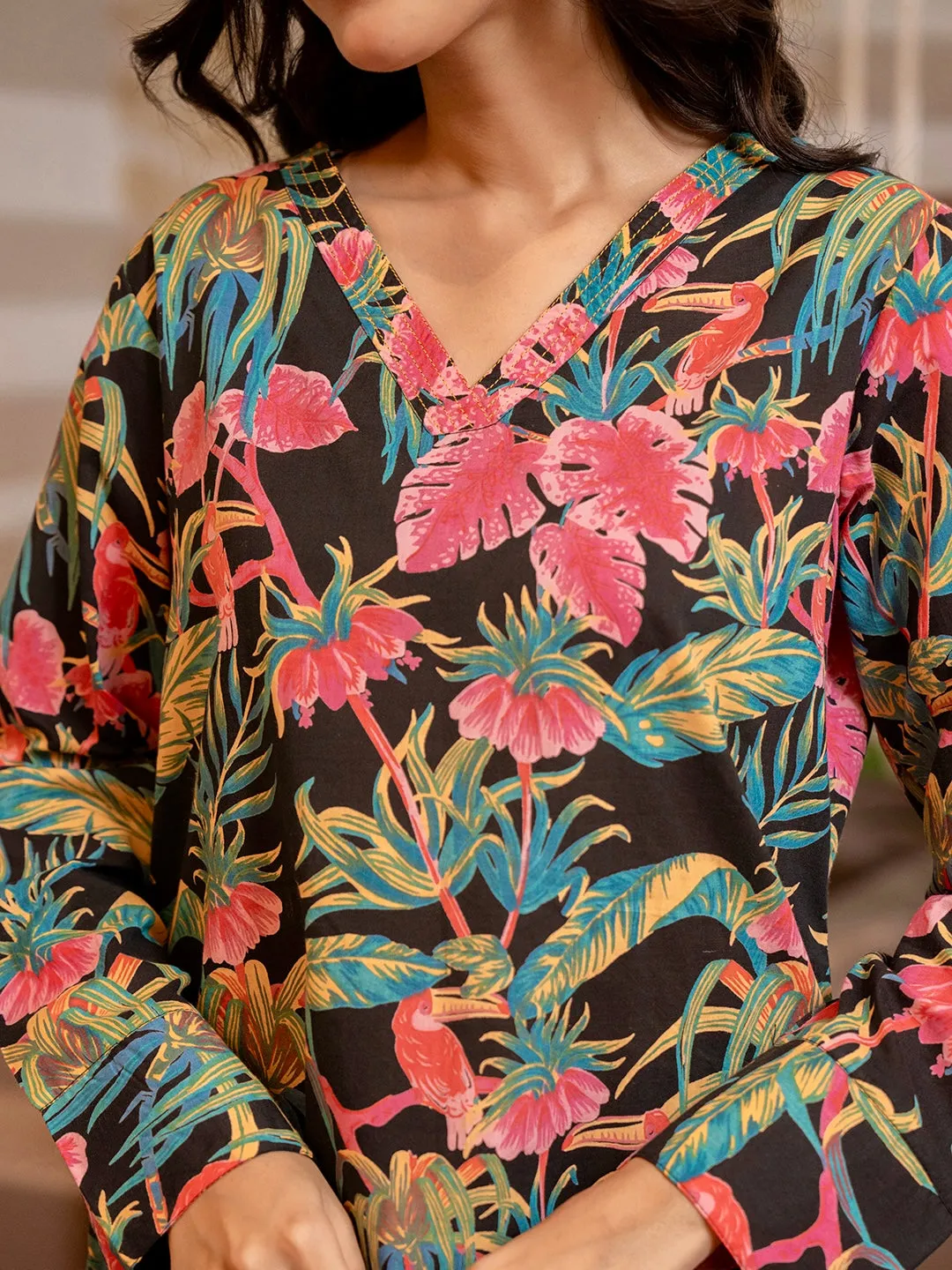 Tropical Raven's Wing Floral V-Neck Patiala Co-Ord Set