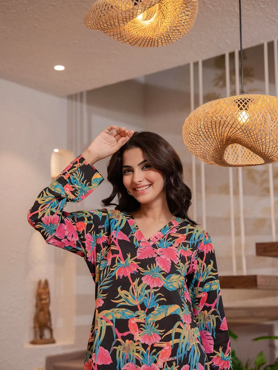 Tropical Raven's Wing Floral V-Neck Patiala Co-Ord Set