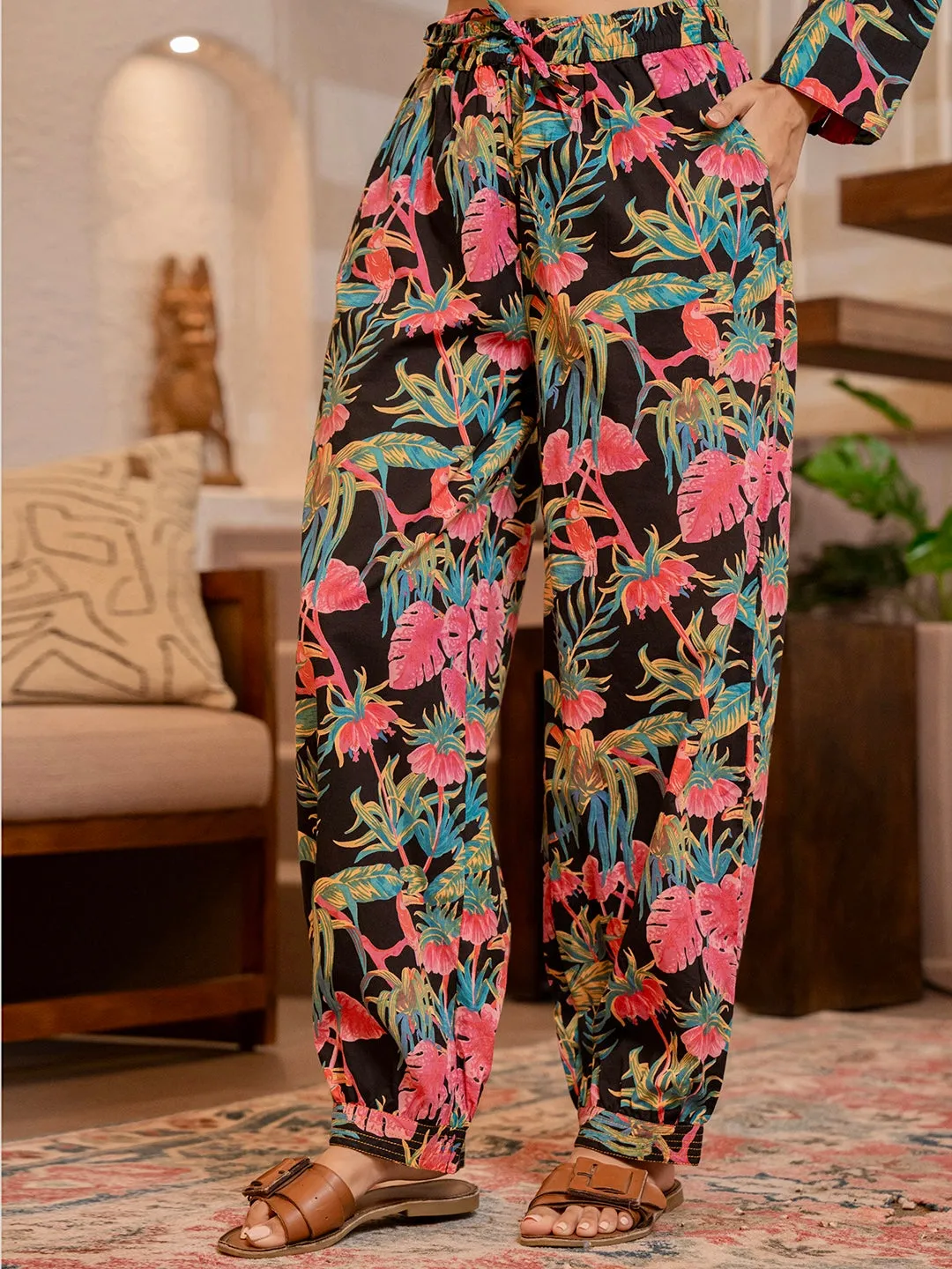 Tropical Raven's Wing Floral V-Neck Patiala Co-Ord Set
