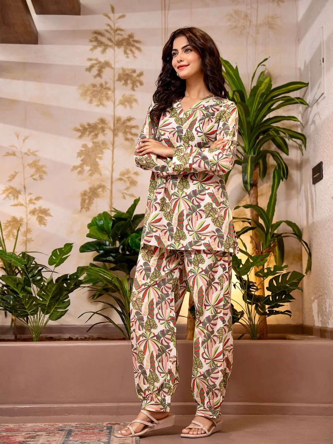 Tropical Sand White Patiala V-Neck Co-Ord Set