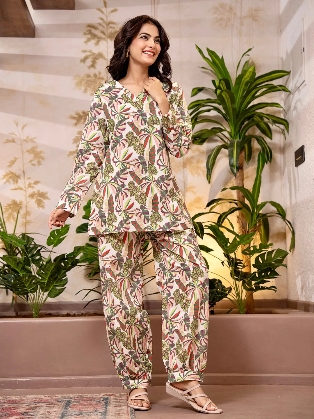 Tropical Sand White Patiala V-Neck Co-Ord Set