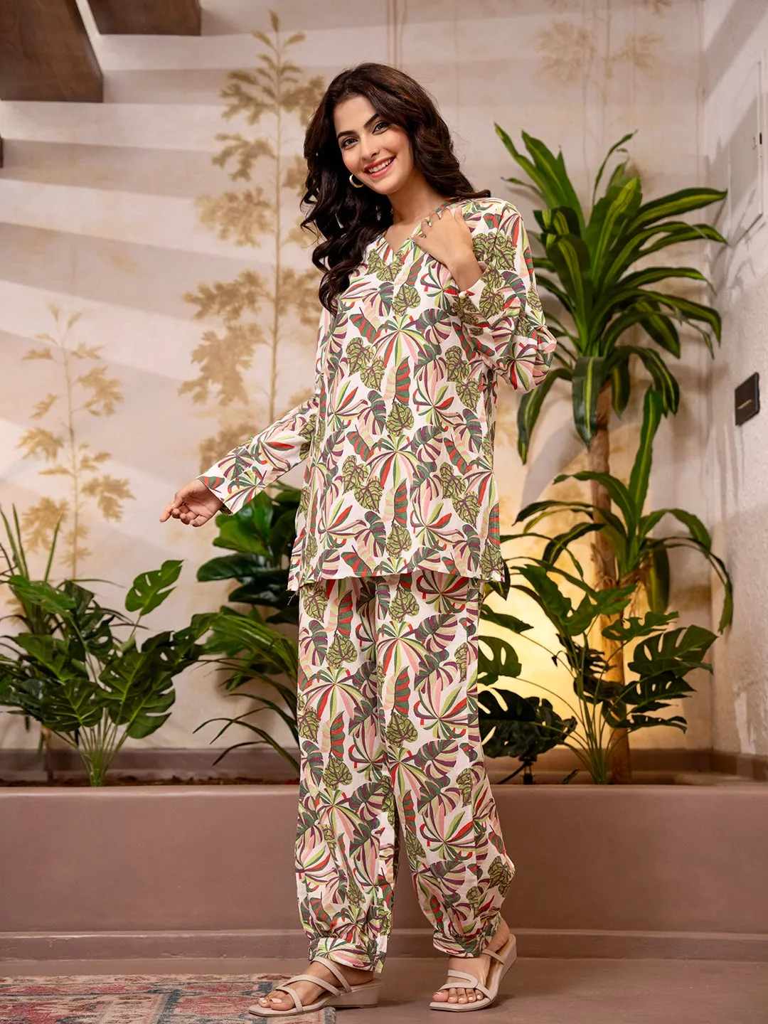 Tropical Sand White Patiala V-Neck Co-Ord Set