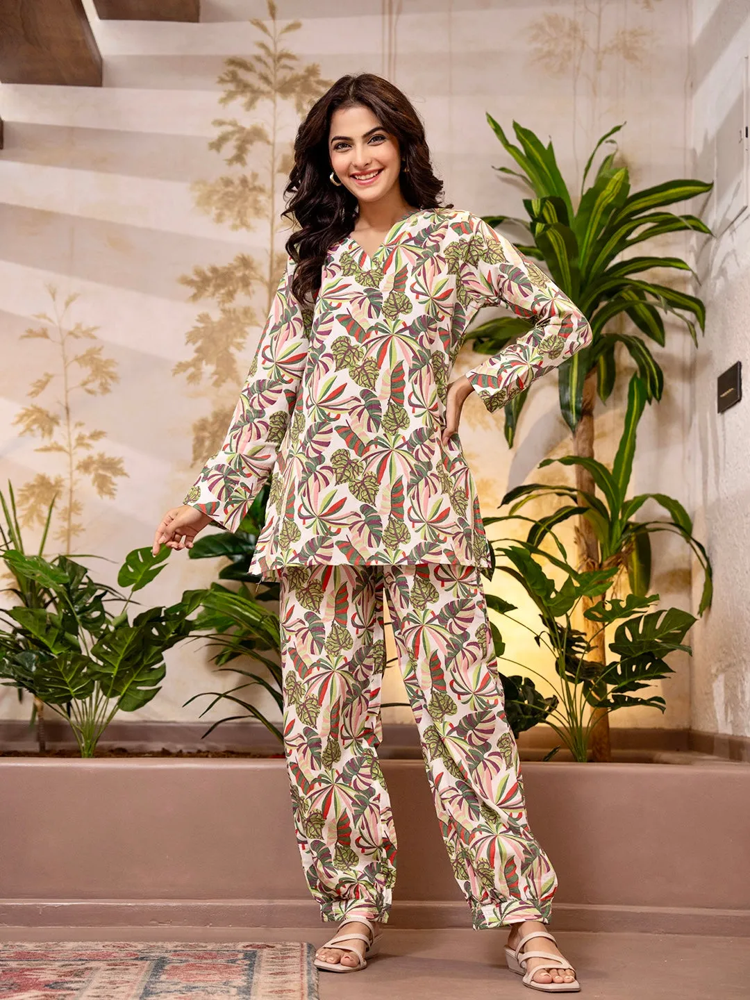 Tropical Sand White Patiala V-Neck Co-Ord Set