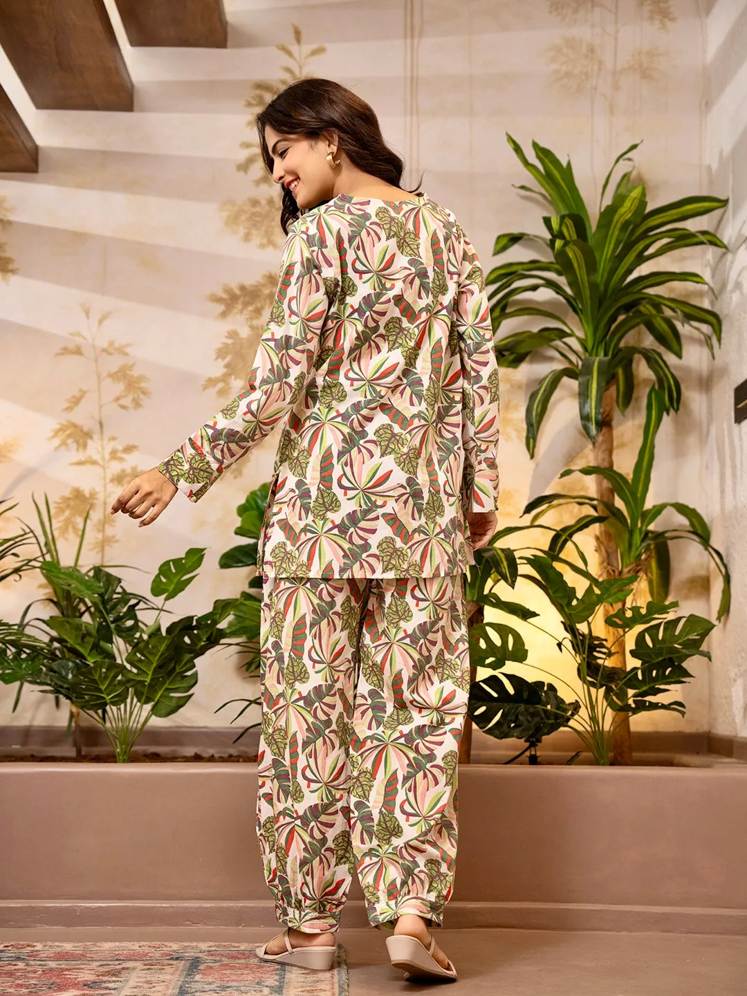 Tropical Sand White Patiala V-Neck Co-Ord Set