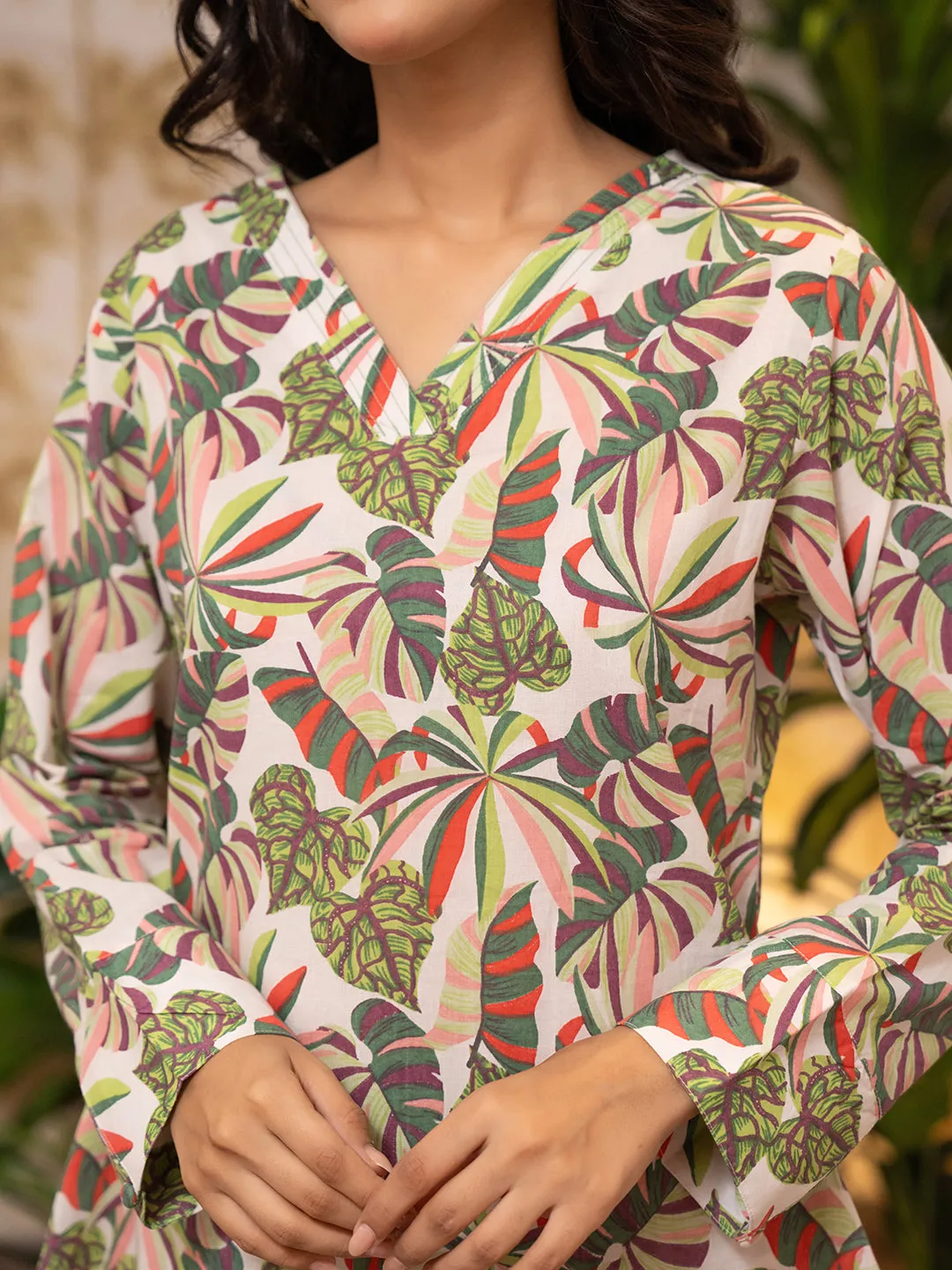 Tropical Sand White Patiala V-Neck Co-Ord Set