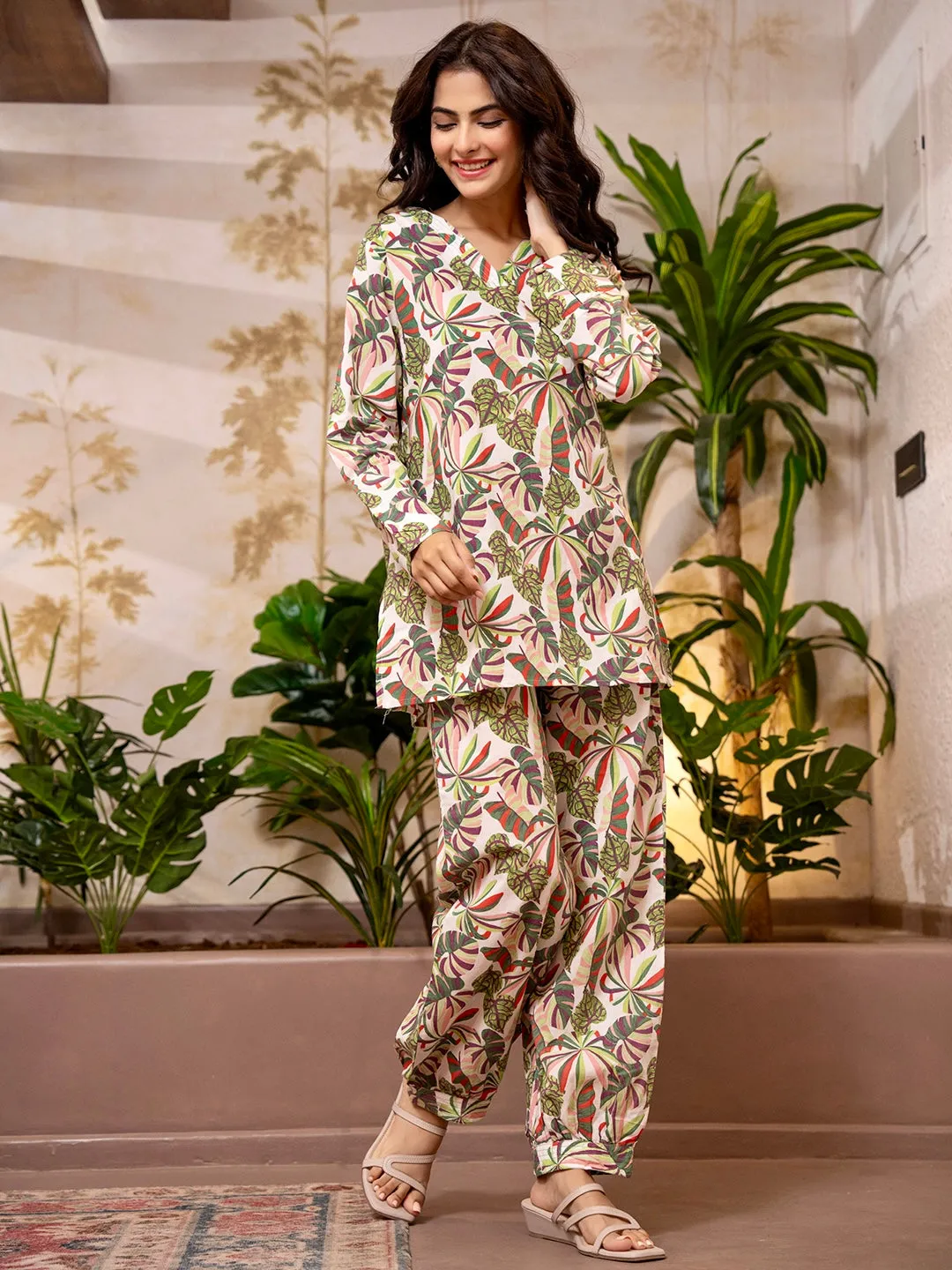 Tropical Sand White Patiala V-Neck Co-Ord Set
