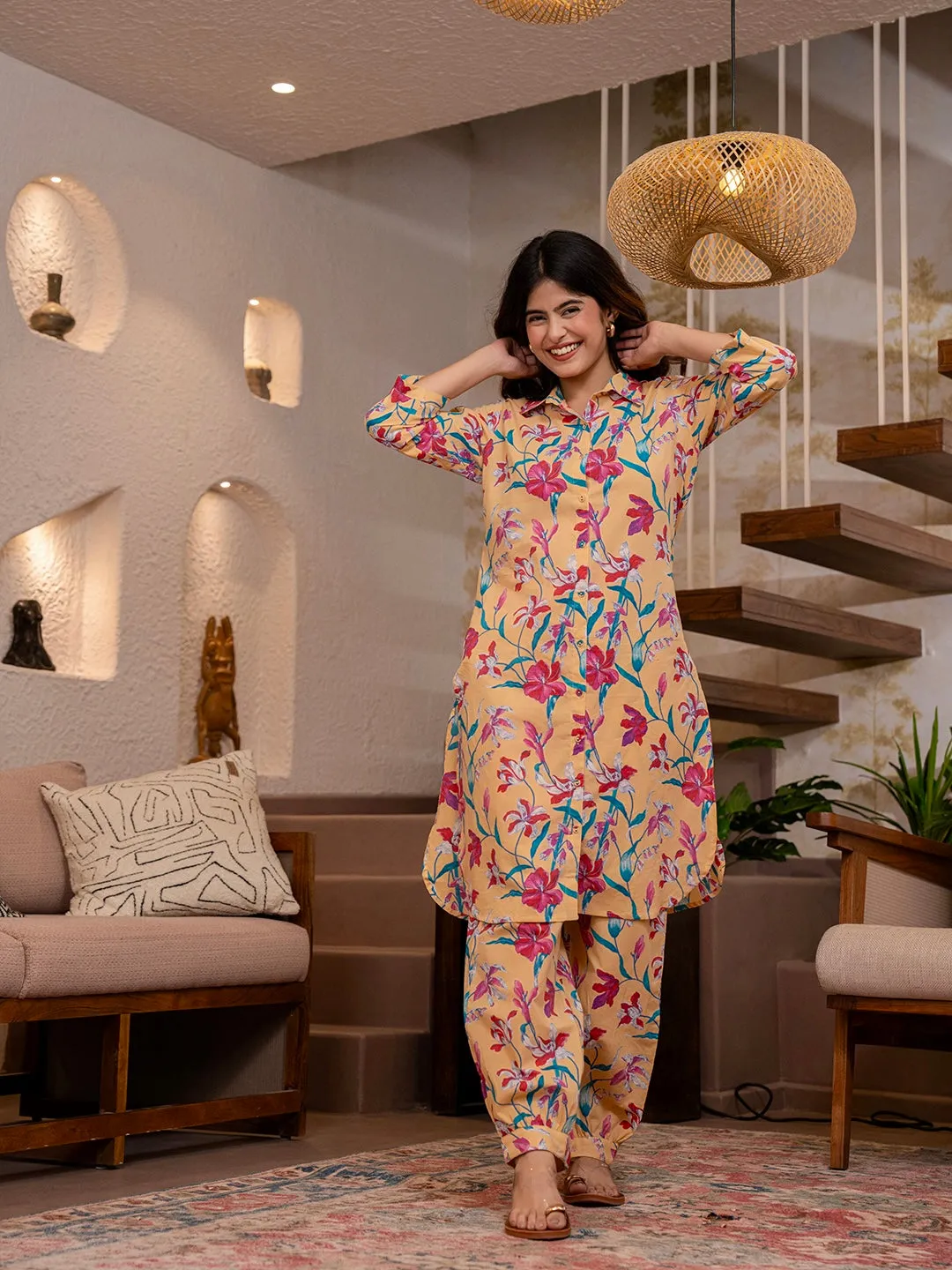 Tropical Yellow Blossom Long Shirt & Patiala Co-Ord Set