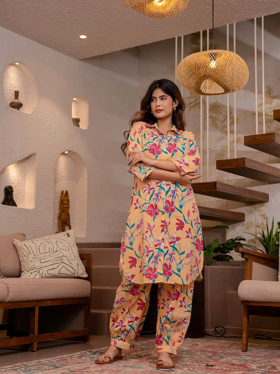 Tropical Yellow Blossom Long Shirt & Patiala Co-Ord Set