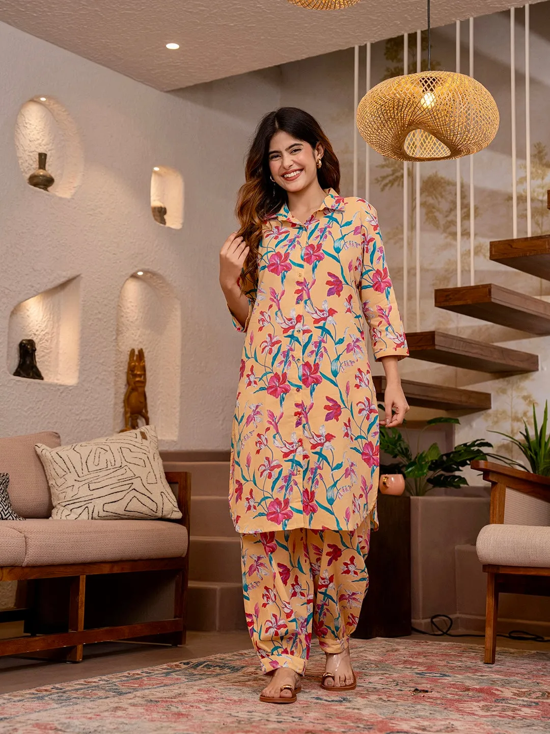 Tropical Yellow Blossom Long Shirt & Patiala Co-Ord Set