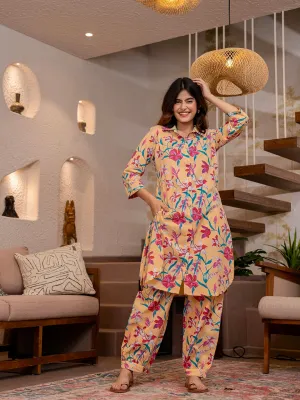 Tropical Yellow Blossom Long Shirt & Patiala Co-Ord Set
