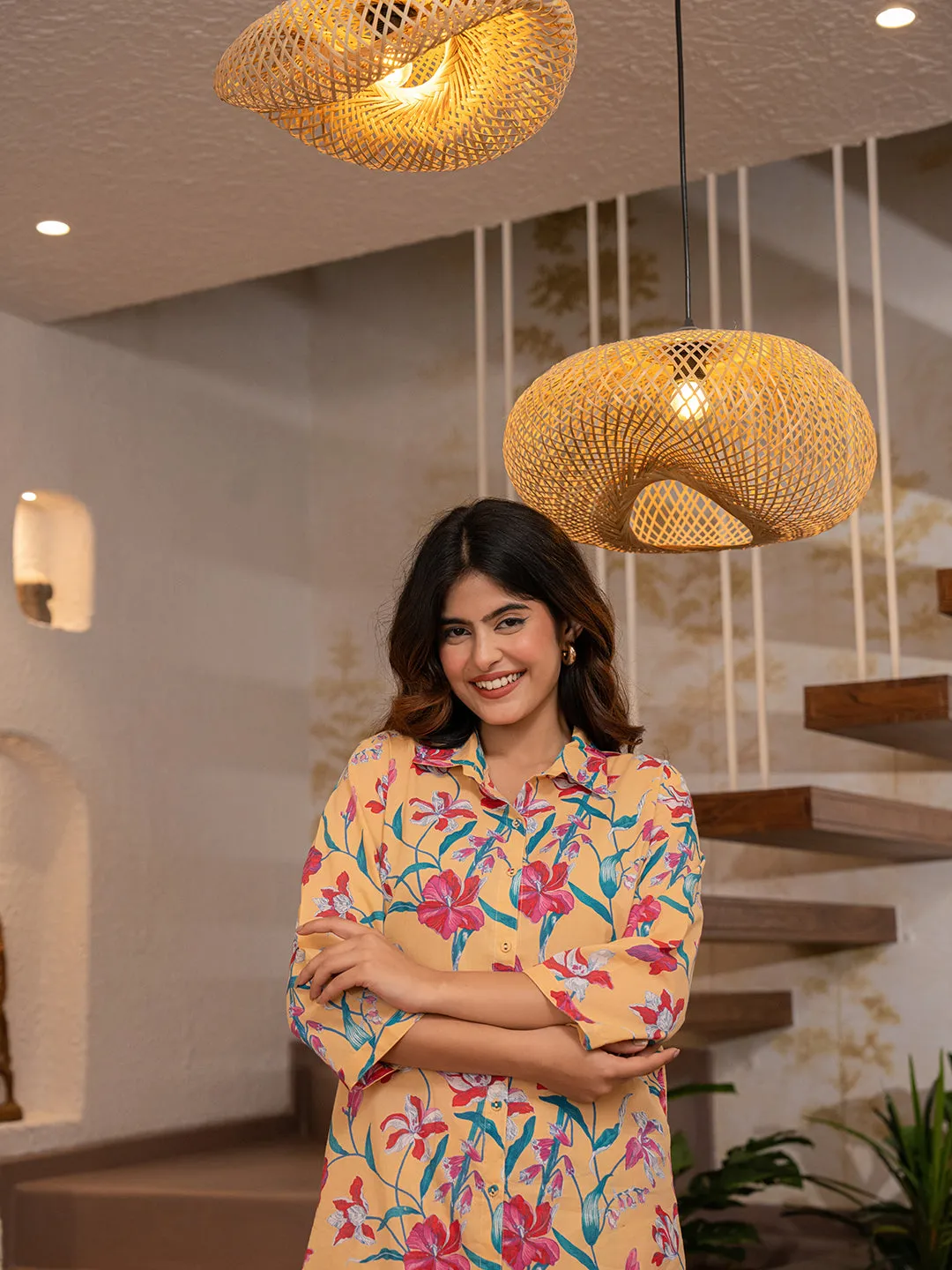 Tropical Yellow Blossom Long Shirt & Patiala Co-Ord Set