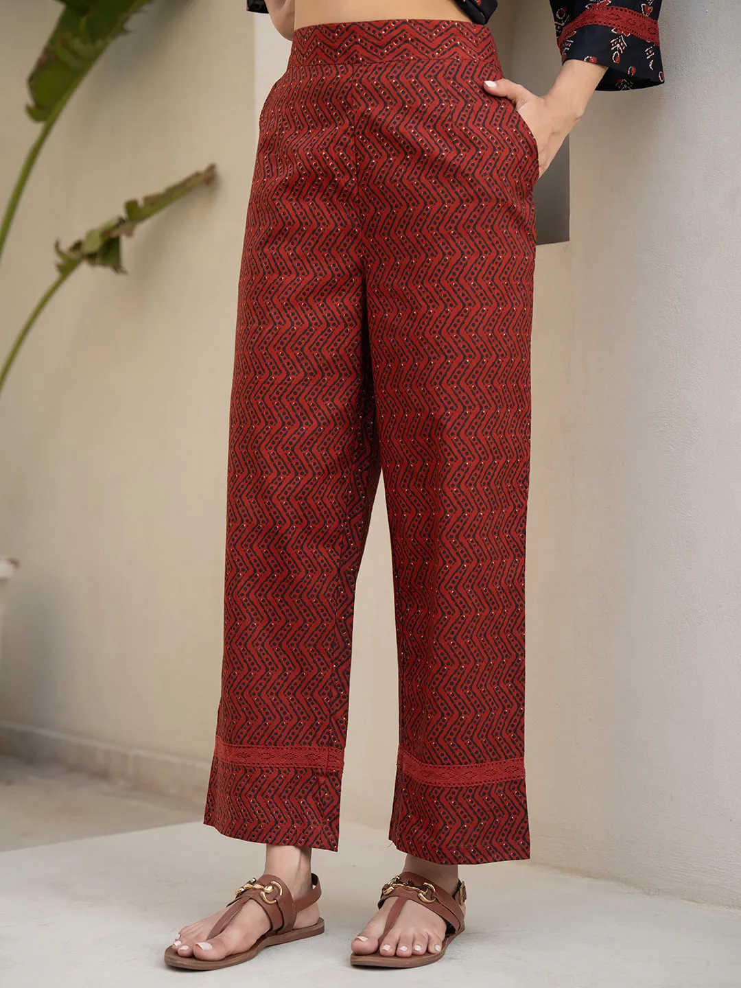 V-Neck Lace Maroon Black  Cotton Lounge Wear