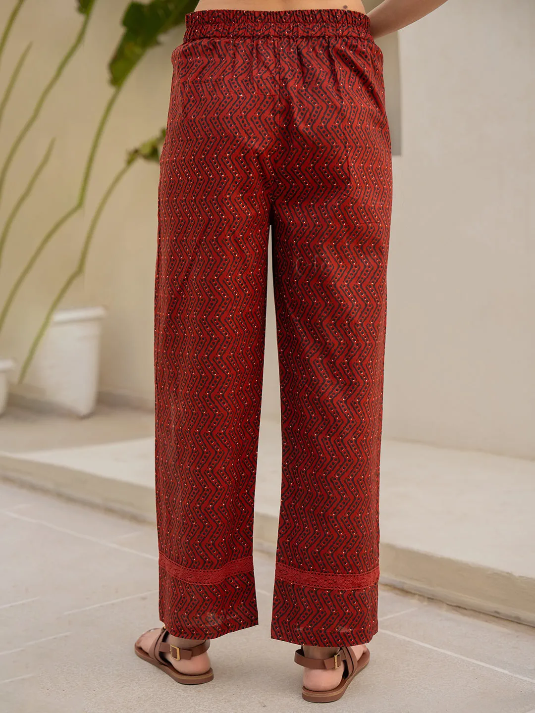 V-Neck Lace Maroon Black  Cotton Lounge Wear