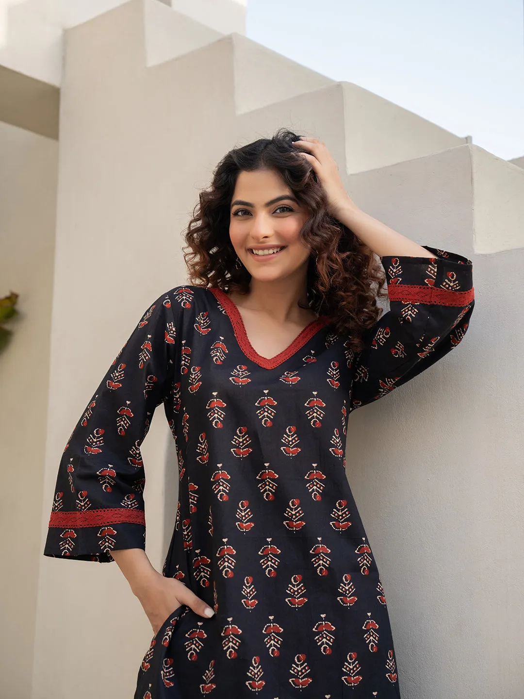 V-Neck Lace Maroon Black  Cotton Lounge Wear