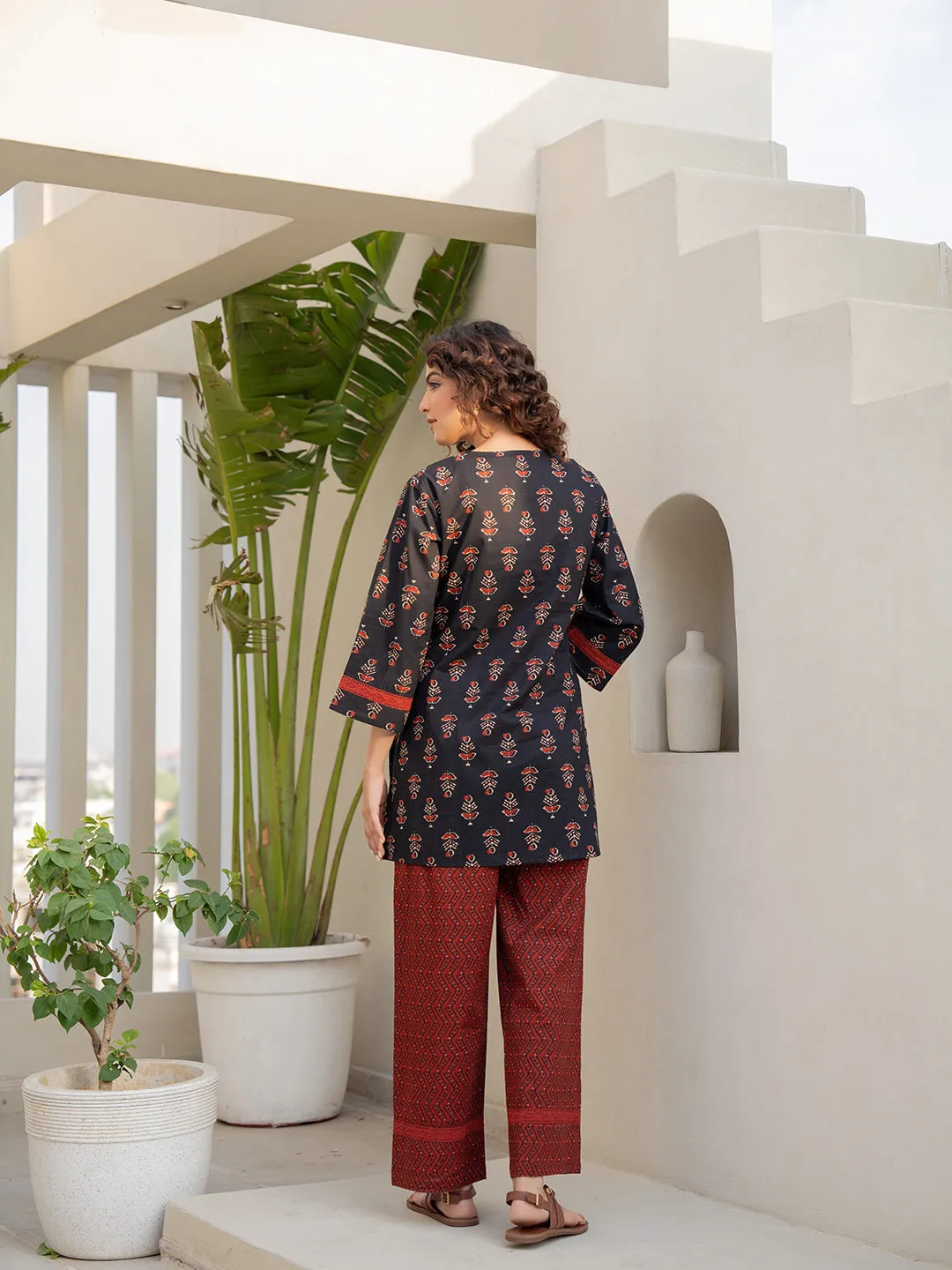 V-Neck Lace Maroon Black  Cotton Lounge Wear