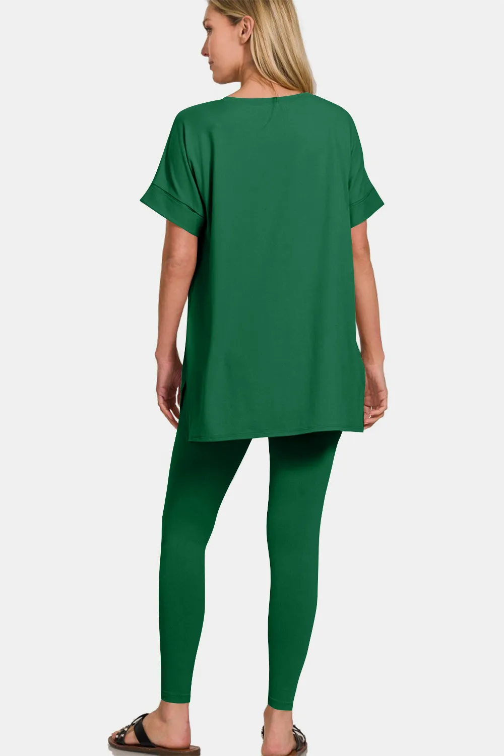 V-Neck Rolled Short Sleeve T-Shirt and Leggings Lounge Set - DK Green