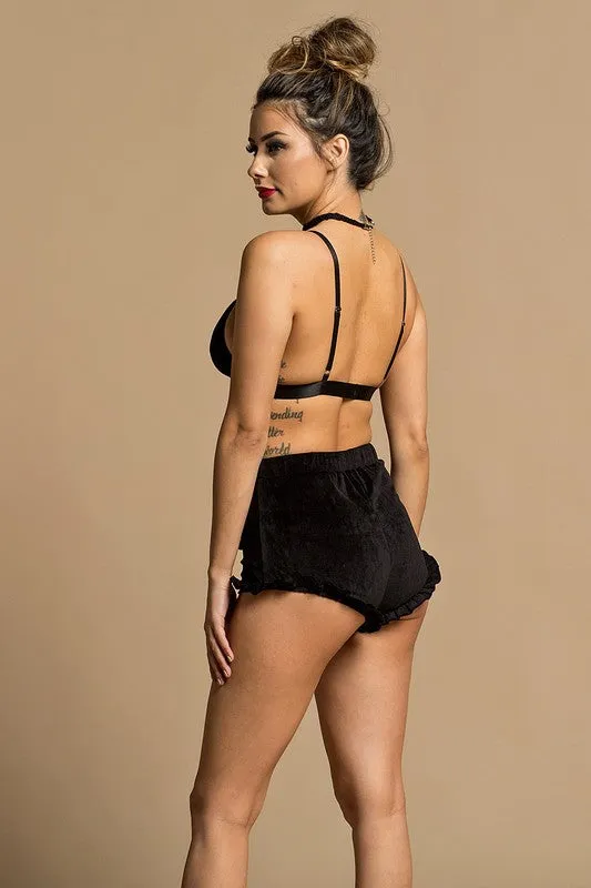 VELVET RUFFLE SHORTS