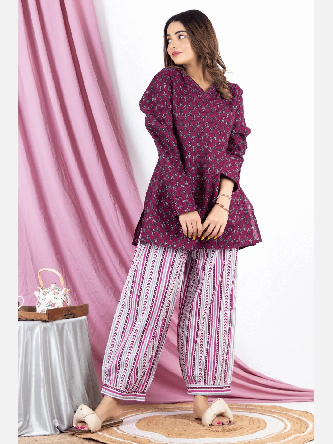 Wine V Neck Cotton Loungewear