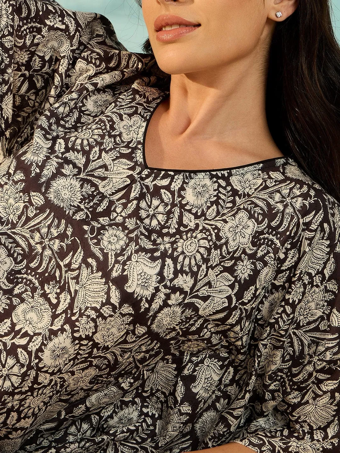 Women Black Floral Print Soft Cotton Kaftan Nightdress