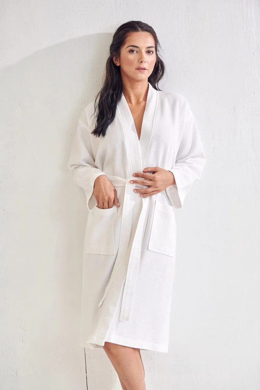 Women's Long Waffle Bathrobe, Kimono Style, Comfortable Luxurious Cotton Turkish Robe (White)