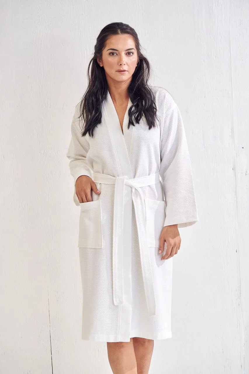 Women's Long Waffle Bathrobe, Kimono Style, Comfortable Luxurious Cotton Turkish Robe (White)