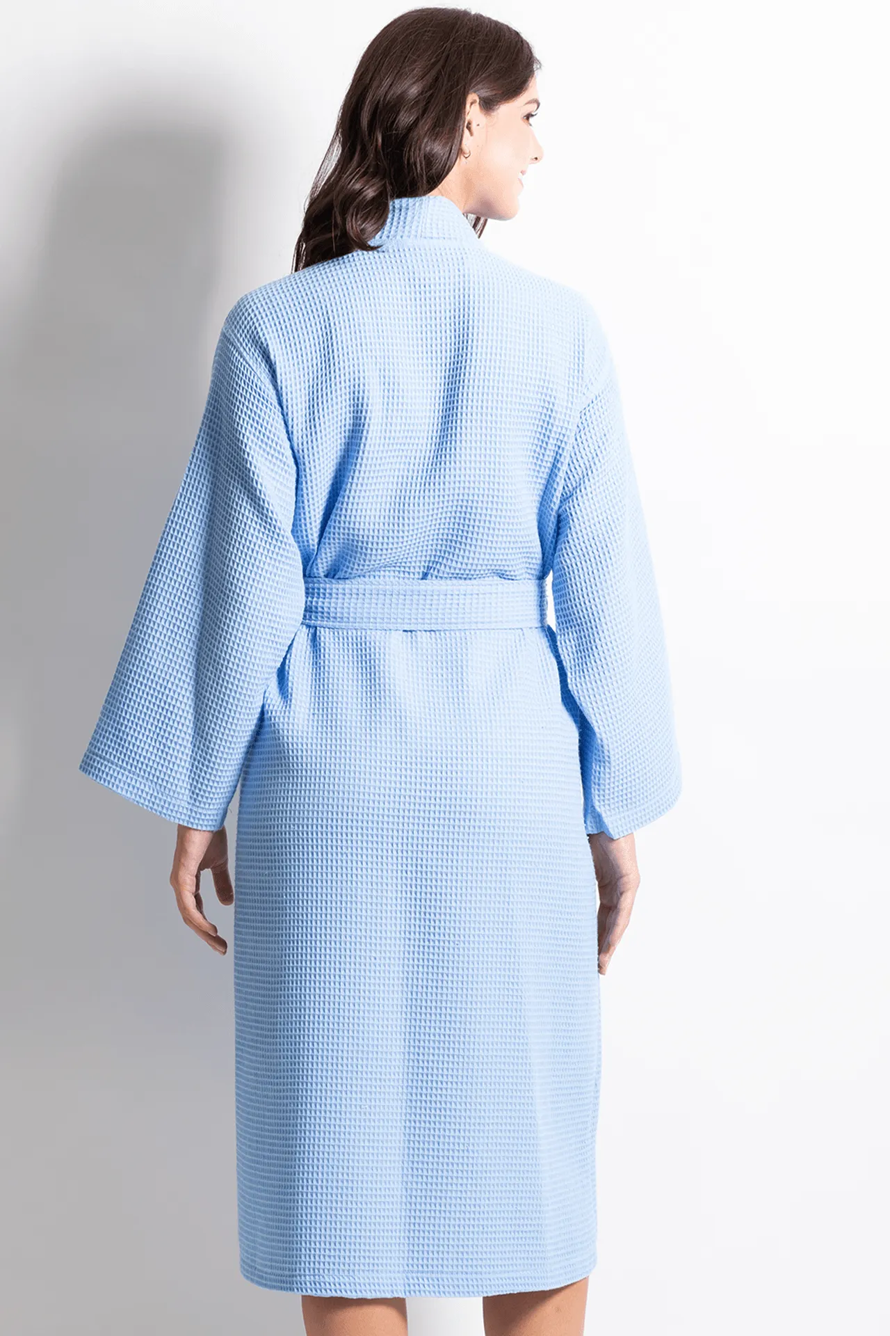 Women's Long Waffle Cotton Turkish Bathrobe, Kimono Style, Luxury Robe Poly blend (Serenity Blue)