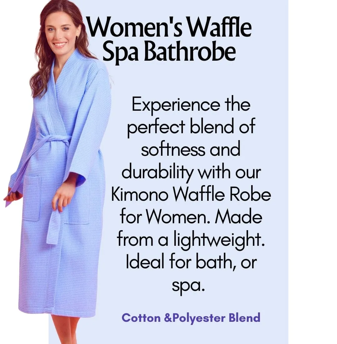 Women's Long Waffle Cotton Turkish Bathrobe, Kimono Style, Luxury Robe Poly blend (Serenity Blue)