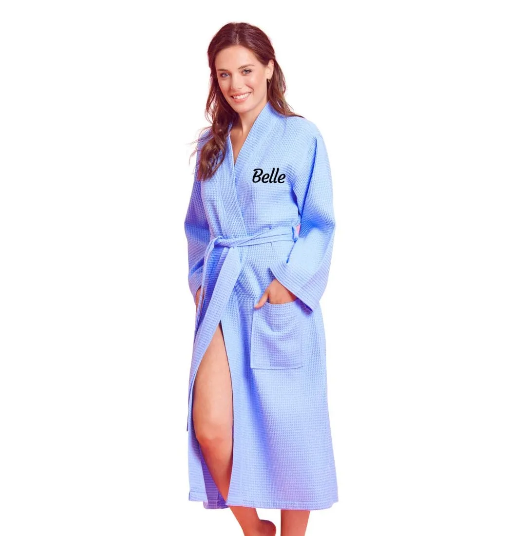 Women's Long Waffle Cotton Turkish Bathrobe, Kimono Style, Luxury Robe Poly blend (Serenity Blue)