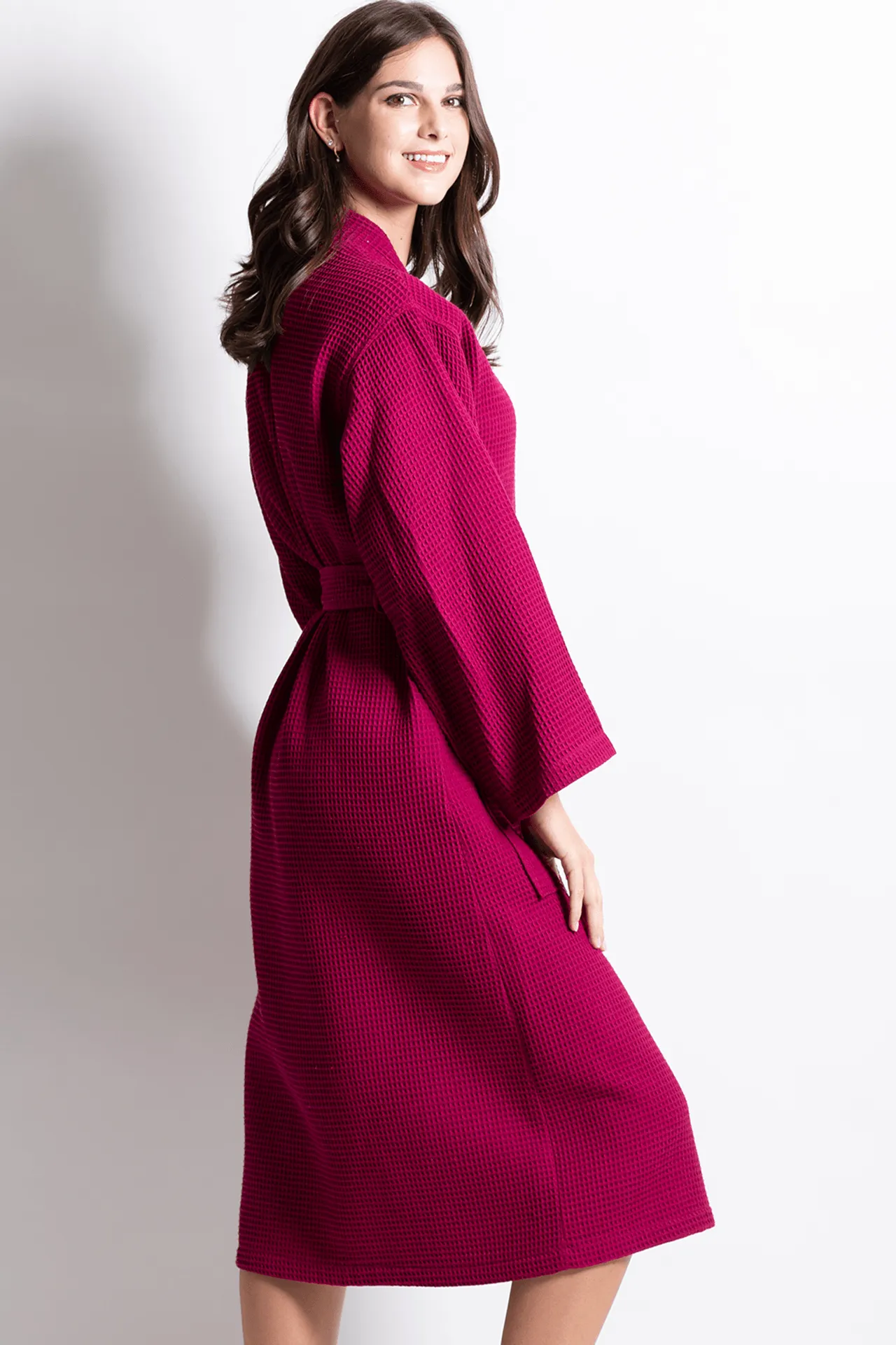 Women's Long Waffle cotton Turkish Bathrobe, Kimono Style, Luxury Robe Poly blend (Wine Red)
