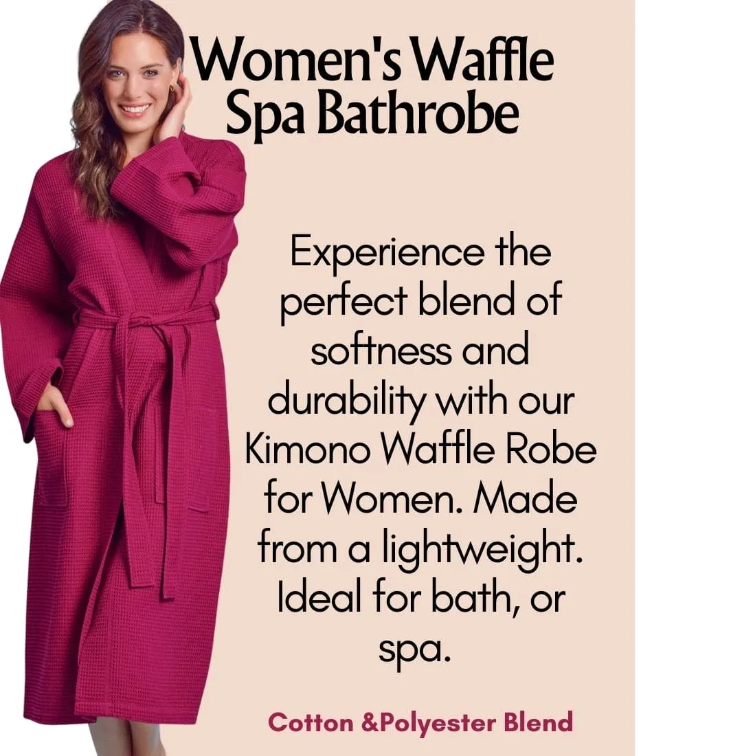 Women's Long Waffle cotton Turkish Bathrobe, Kimono Style, Luxury Robe Poly blend (Wine Red)