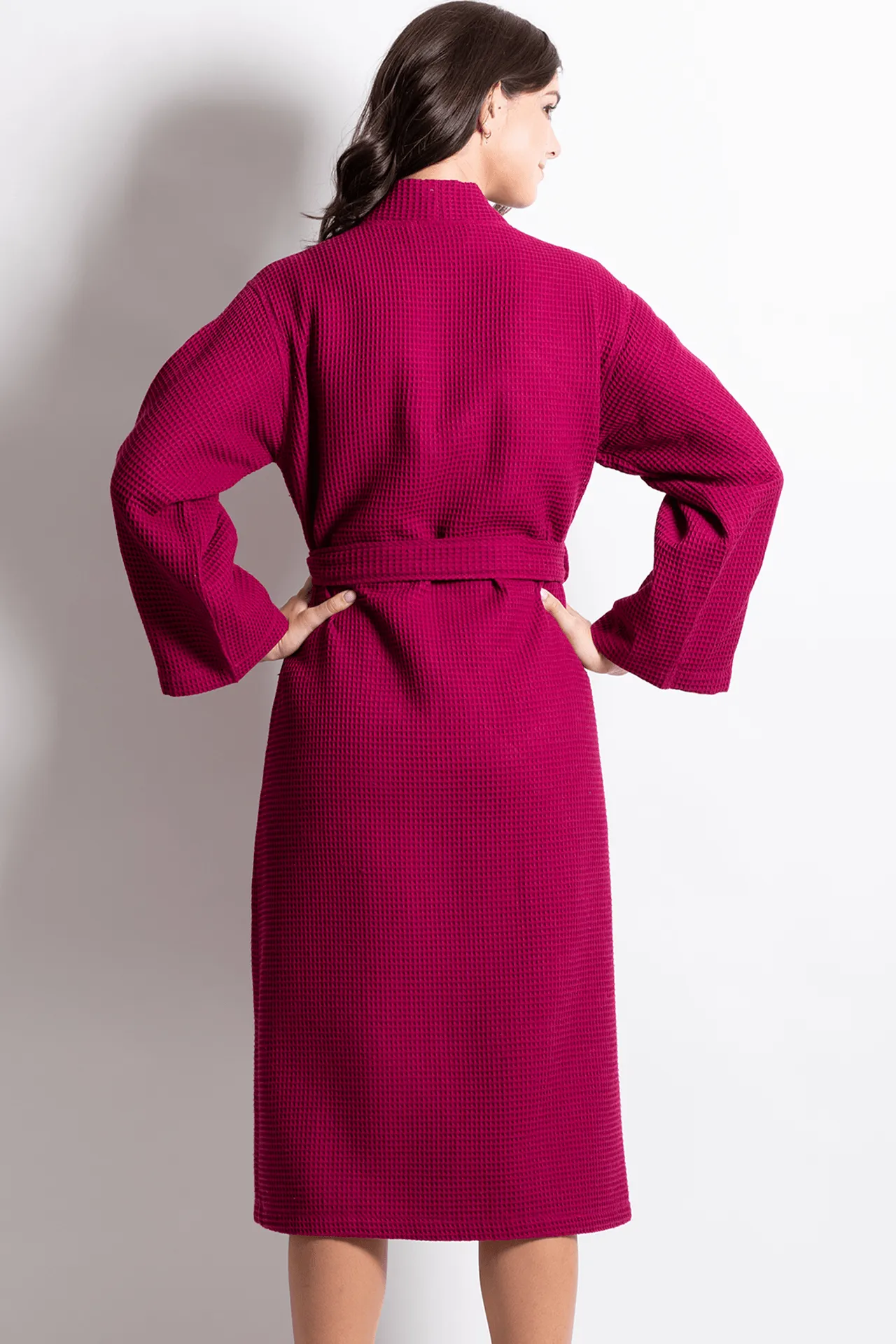 Women's Long Waffle cotton Turkish Bathrobe, Kimono Style, Luxury Robe Poly blend (Wine Red)