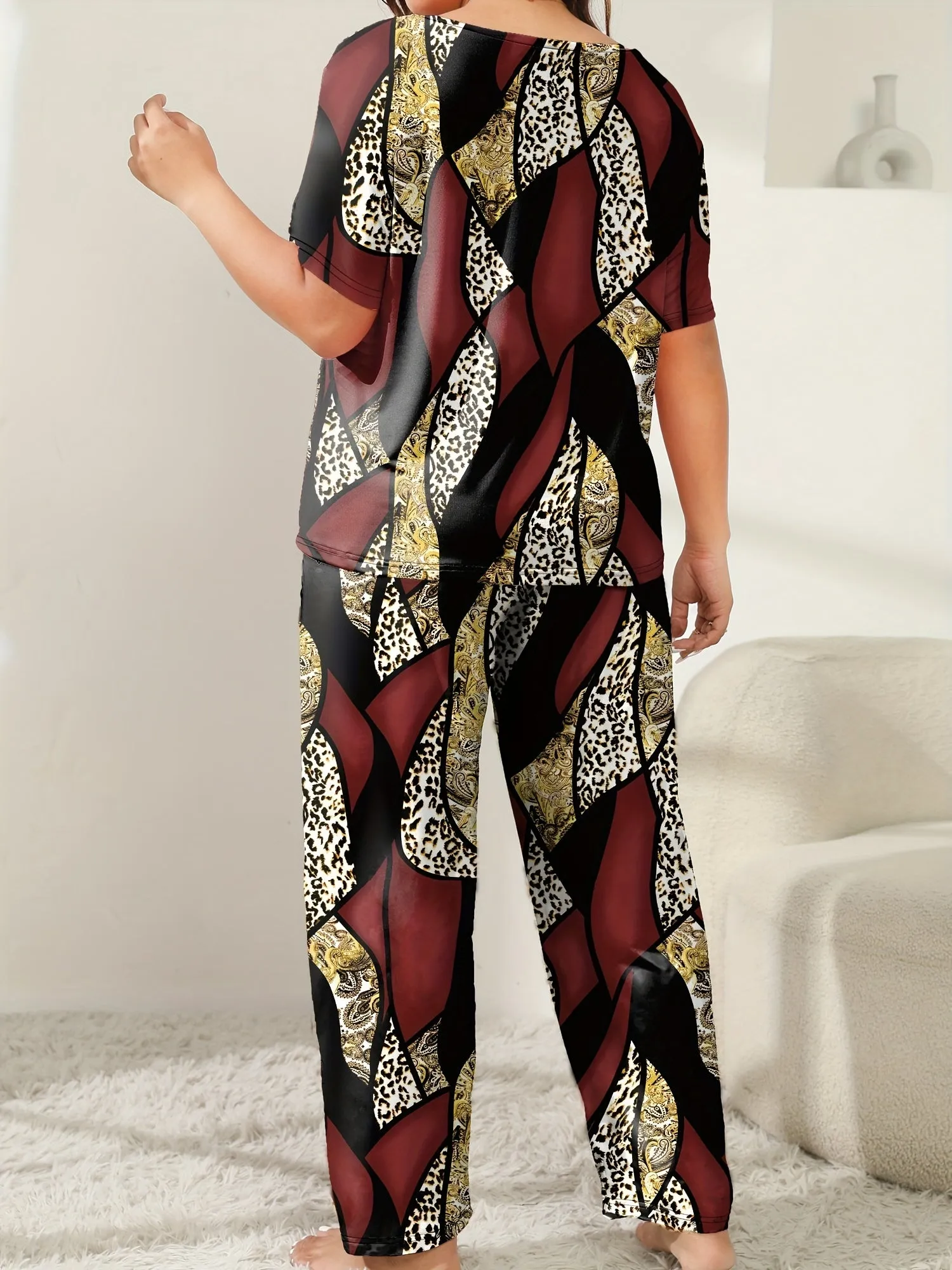 Women's Plus Leopard & Paisley Print Colorblock Loungewear Set